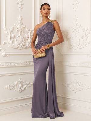 Satin Mermaid One Shoulder Pleats Ruffles Evening Dresses