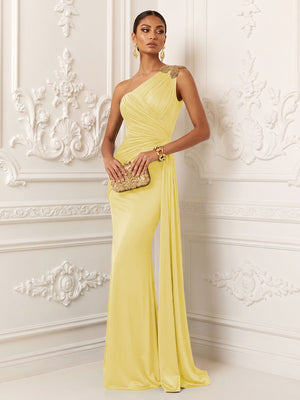 Satin Mermaid One Shoulder Pleats Ruffles Evening Dresses