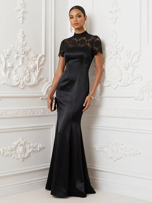 Satin Mermaid High Neck Lace Appliques Corset Evening Dresses