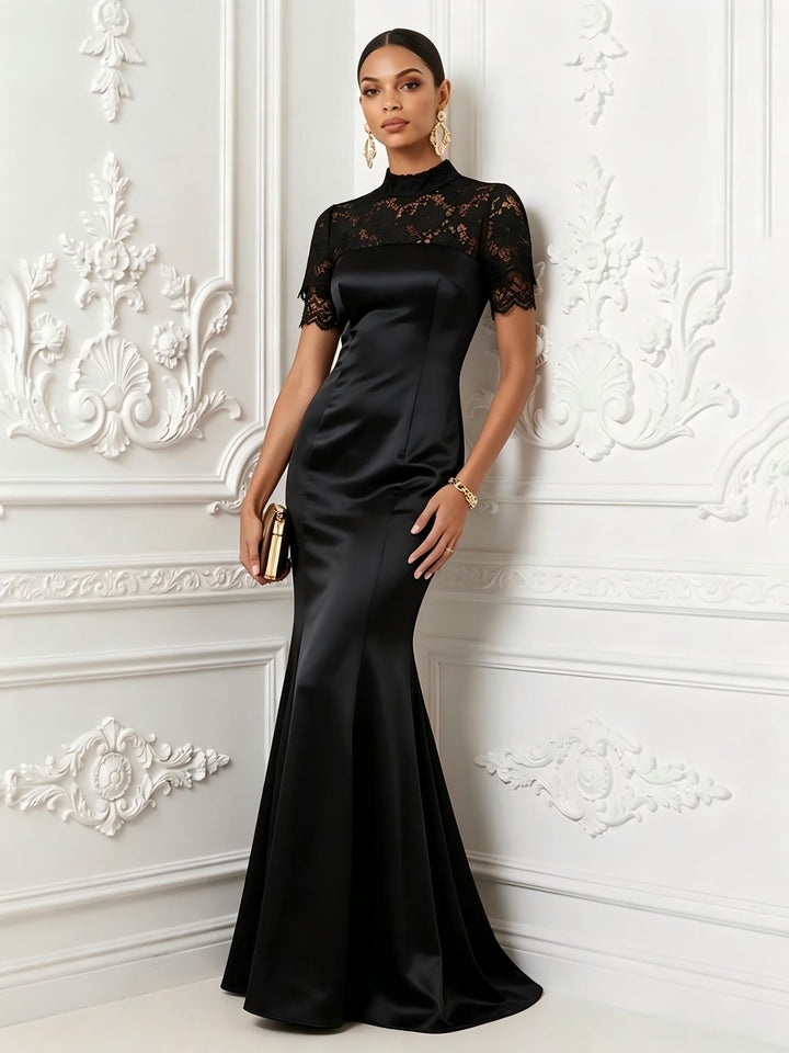 Satin Mermaid High Neck Lace Appliques Evening Dresses