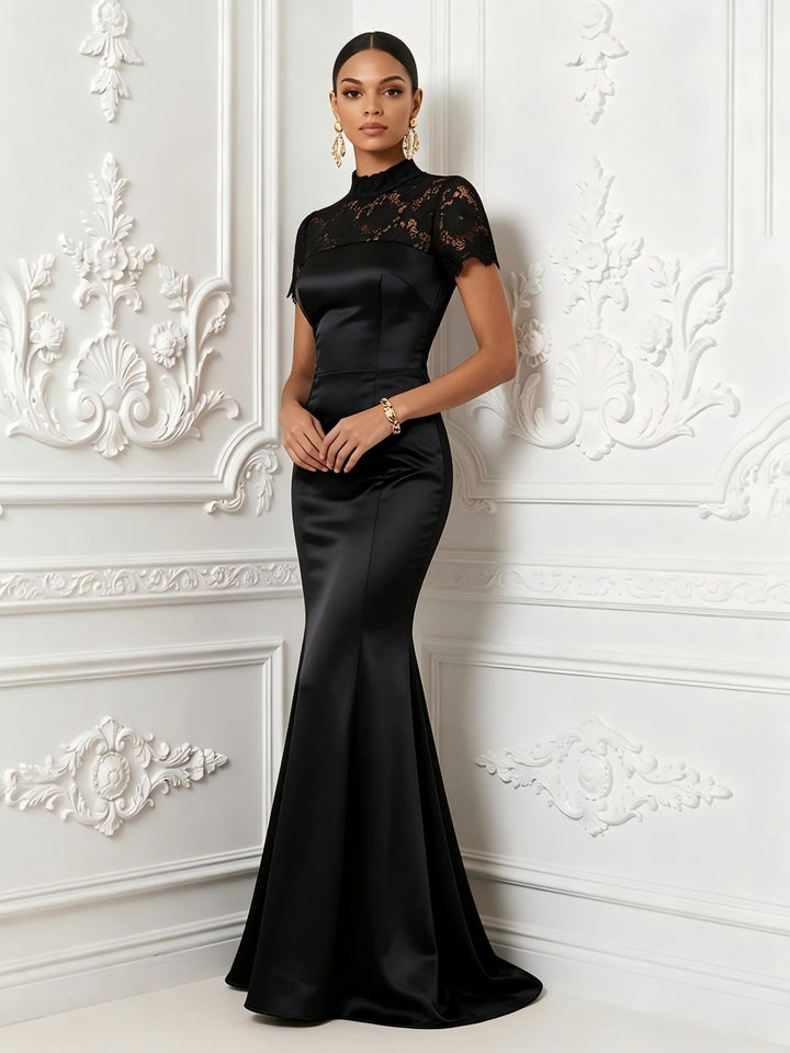 Satin Mermaid High Neck Lace Appliques Evening Dresses