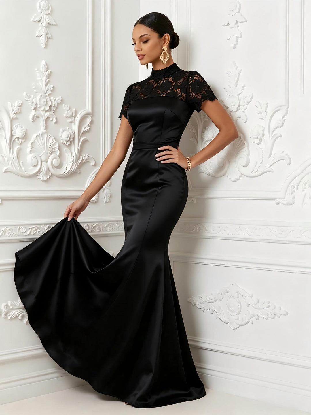 Satin Mermaid High Neck Lace Appliques Evening Dresses
