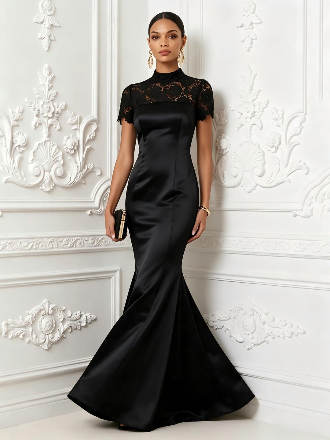 Satin Mermaid High Neck Lace Appliques Evening Dresses
