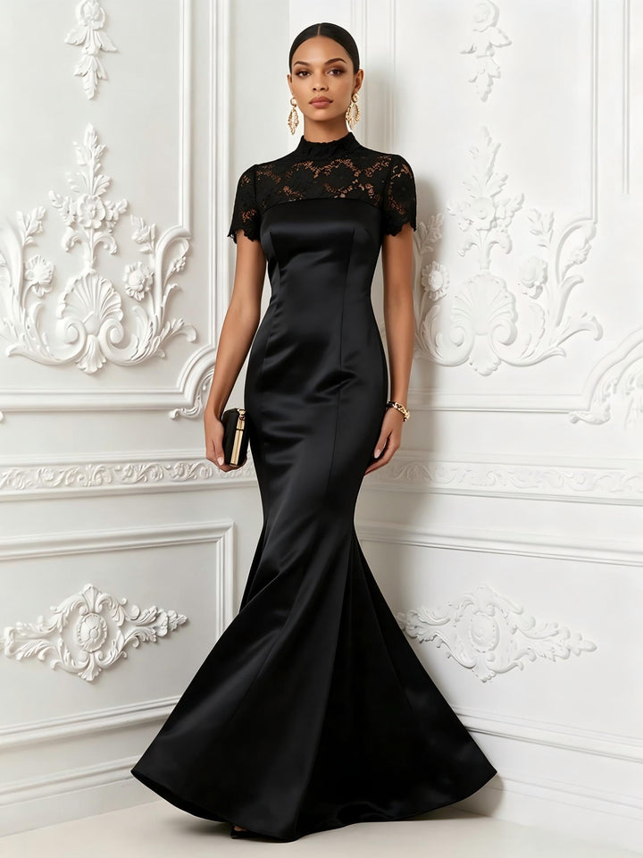 Satin Mermaid High Neck Lace Appliques Evening Dresses