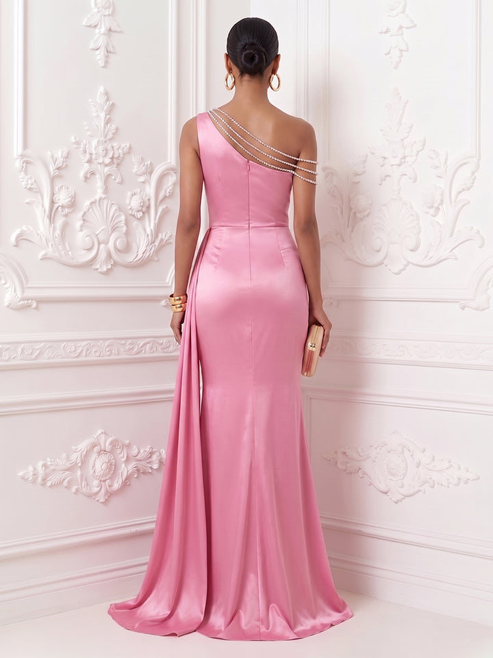 Satin Mermaid One Shoulder Ruffles Ruched Evening Dresses
