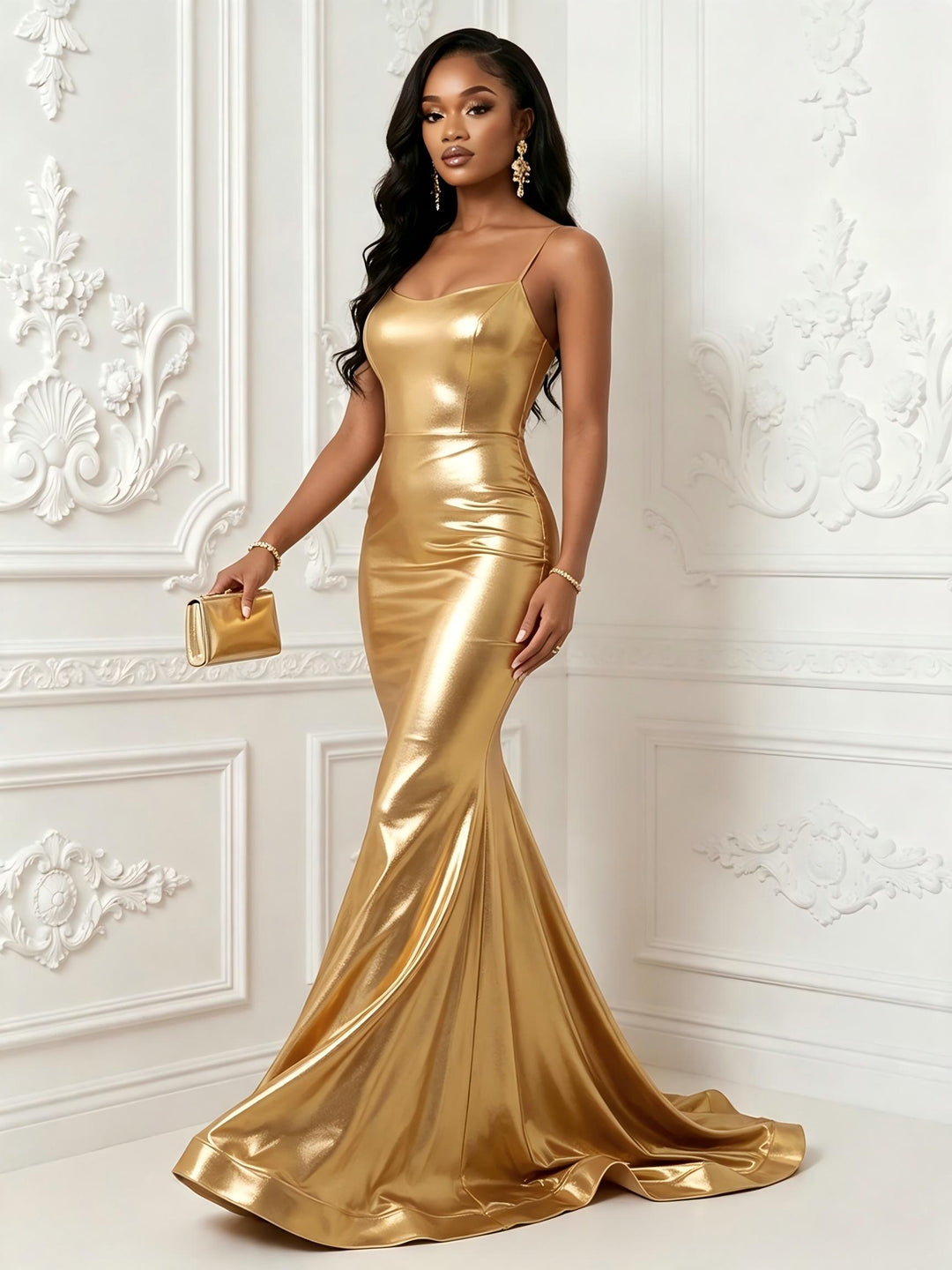 Metallic Satin Sheath Square Neck Spaghetti Straps Corset Evening Dresses