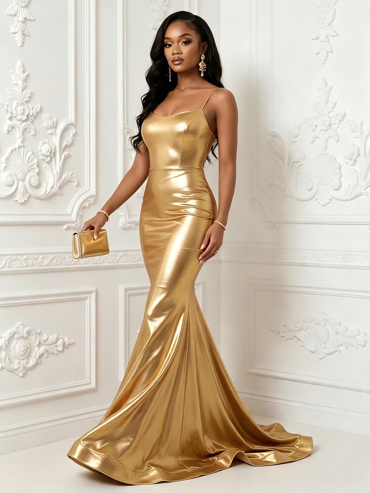 Metallic Satin Sheath Square Neck Spaghetti Straps Corset Evening Dresses