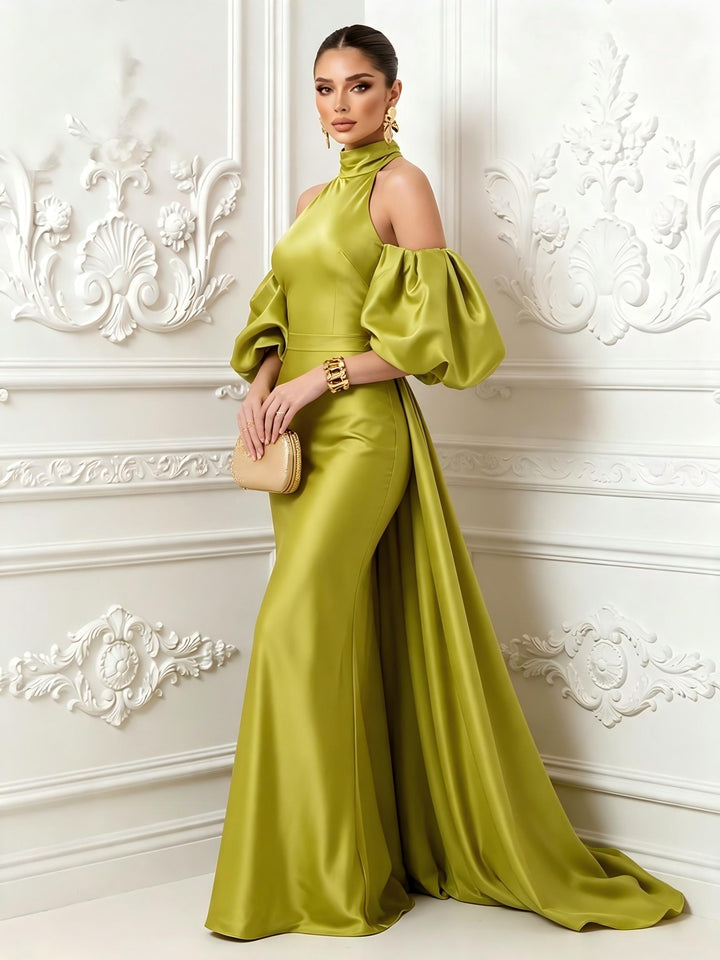 Satin Sheath High Neck Corset Ruffles Evening Dresses