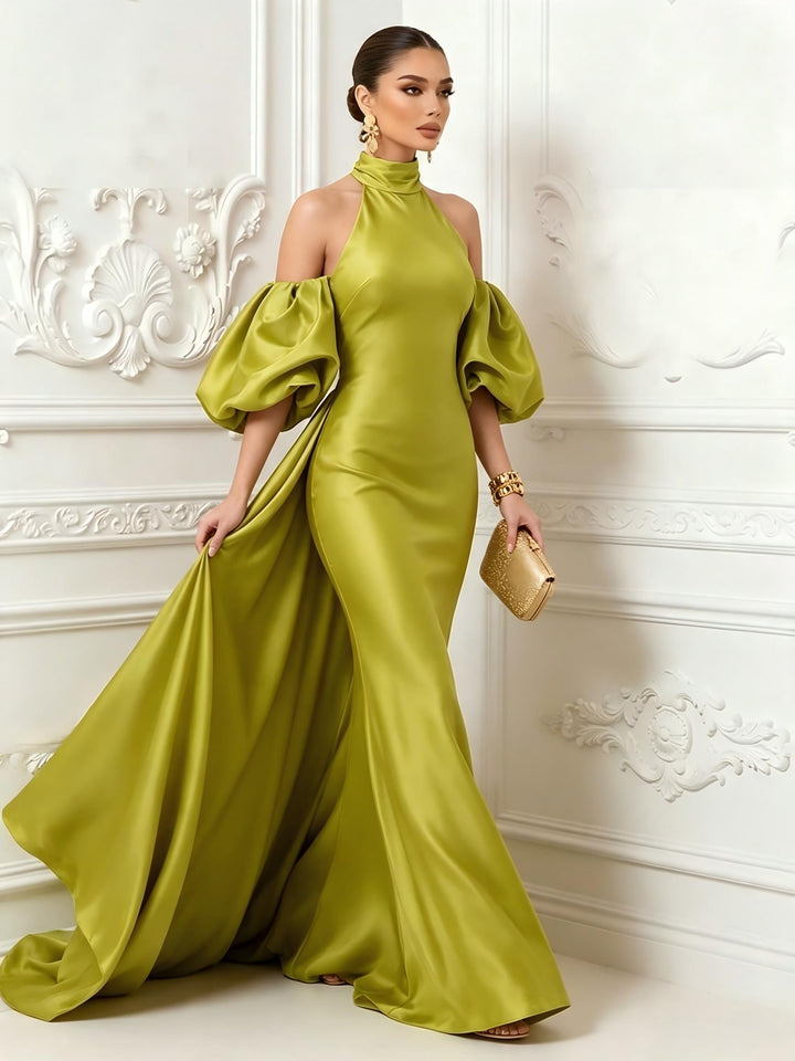Satin Sheath High Neck Corset Ruffles Evening Dresses