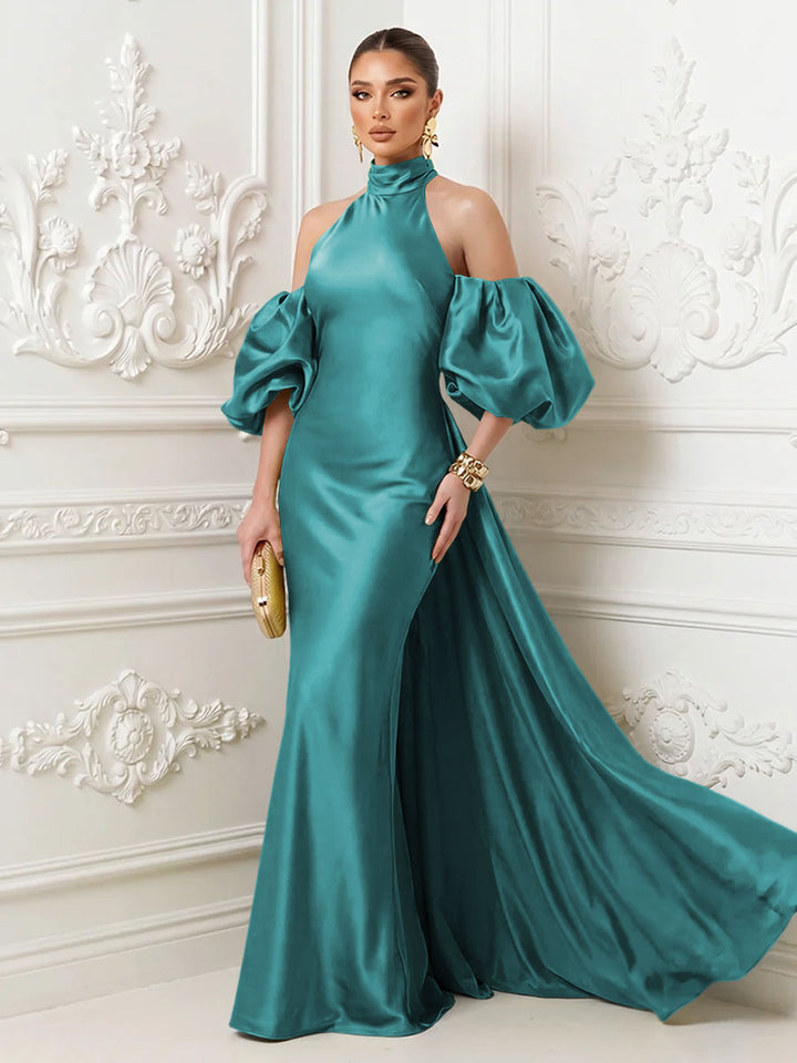 Satin Sheath High Neck Corset Ruffles Evening Dresses