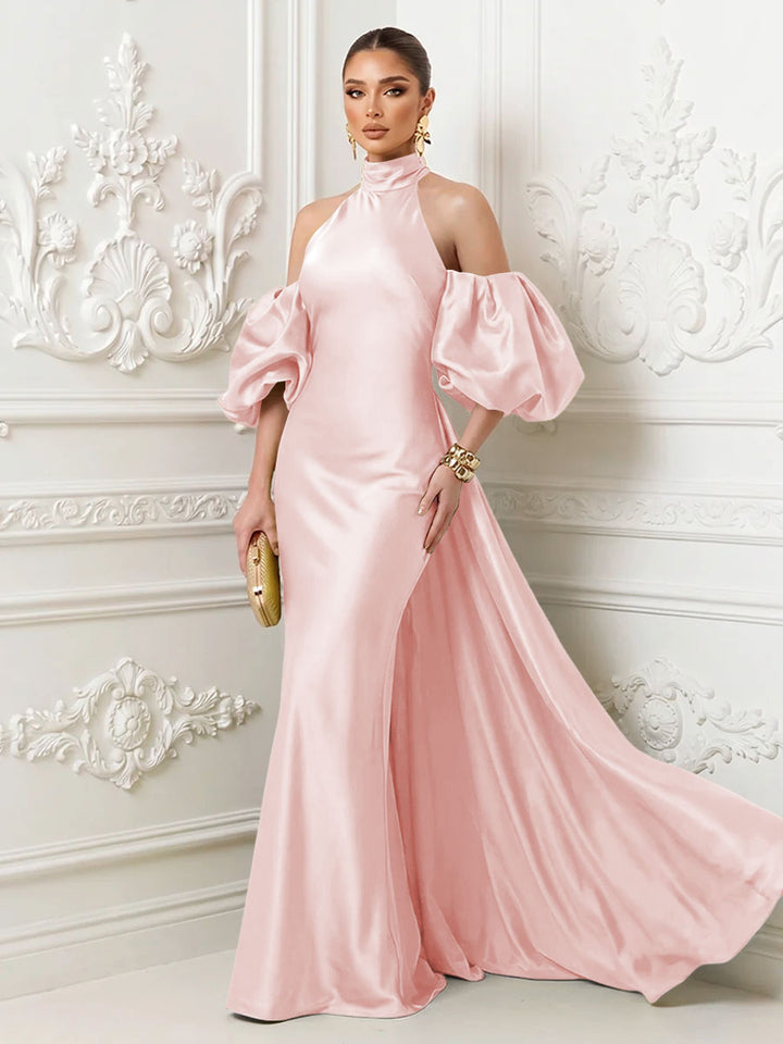 Satin Sheath High Neck Corset Ruffles Evening Dresses