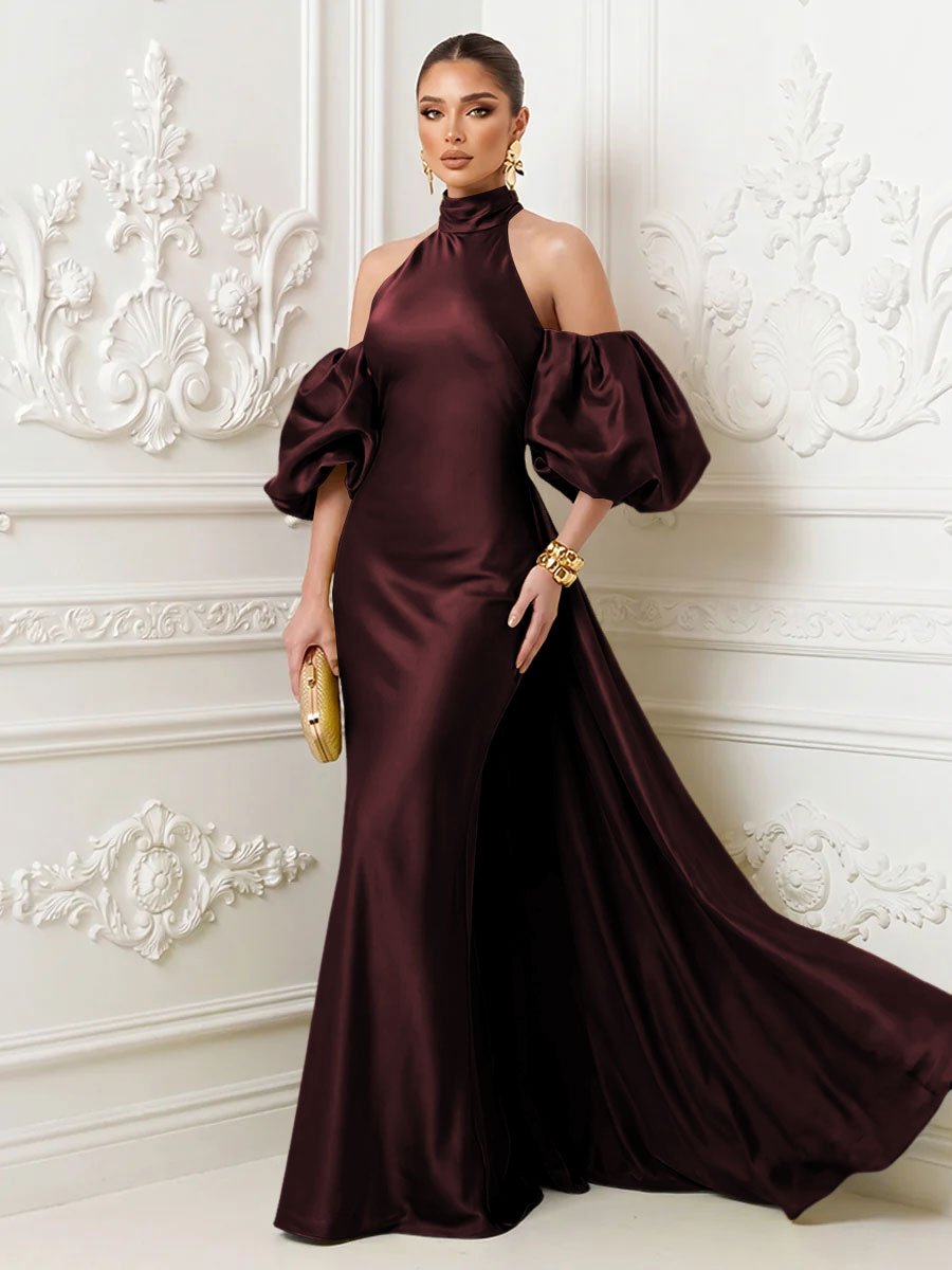 Satin Sheath High Neck Corset Ruffles Evening Dresses