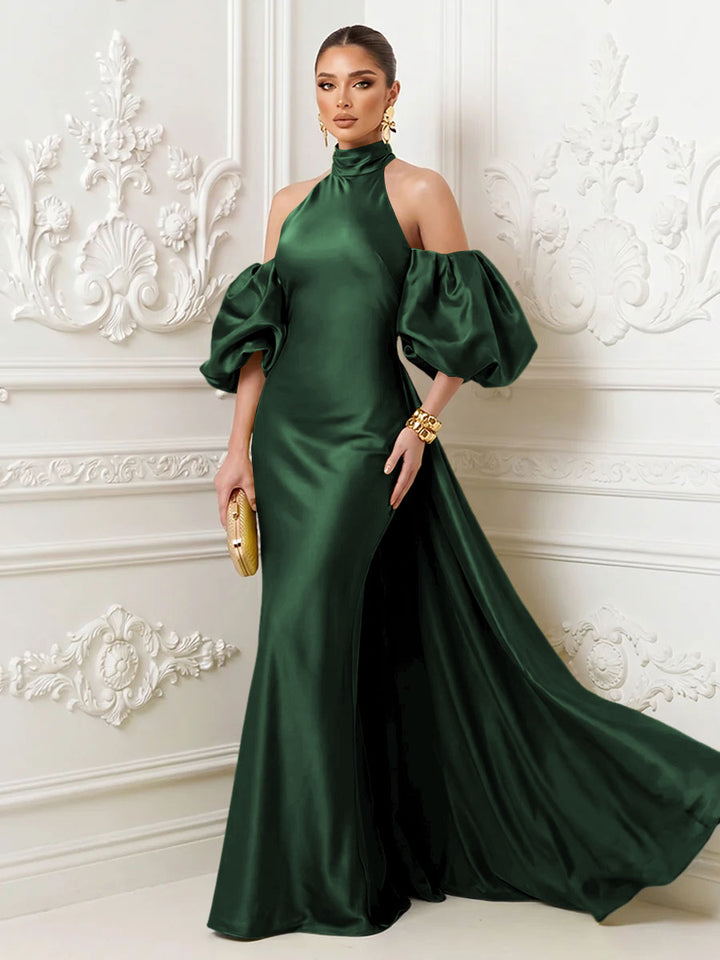 Satin Sheath High Neck Corset Ruffles Evening Dresses
