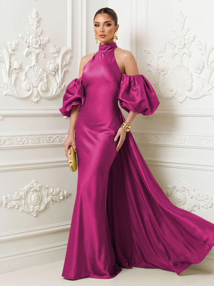 Satin Sheath High Neck Corset Ruffles Evening Dresses