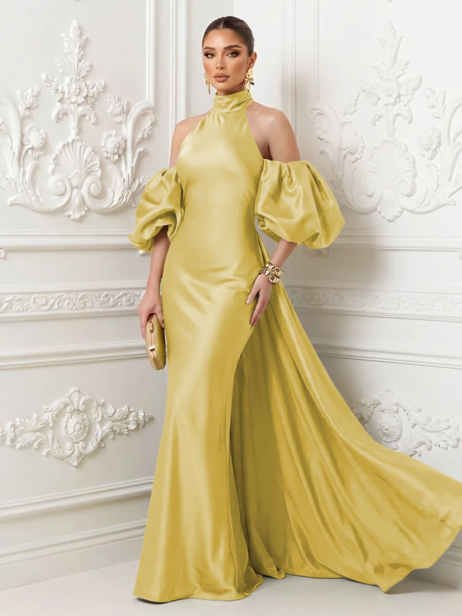 Satin Sheath High Neck Corset Ruffles Evening Dresses
