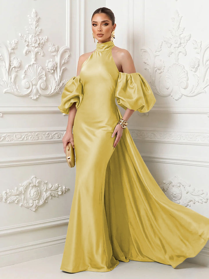 Satin Sheath High Neck Corset Ruffles Evening Dresses
