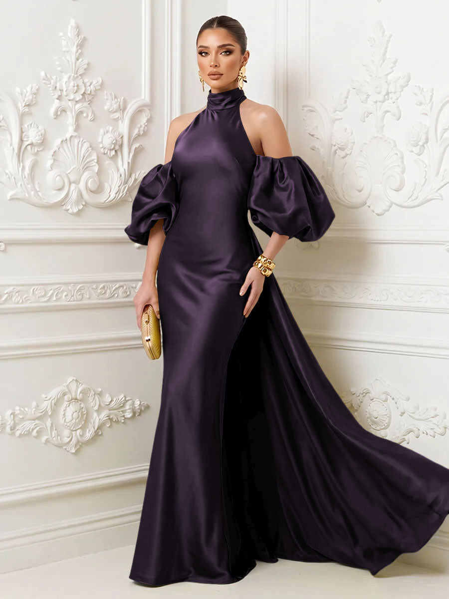 Satin Sheath High Neck Corset Ruffles Evening Dresses