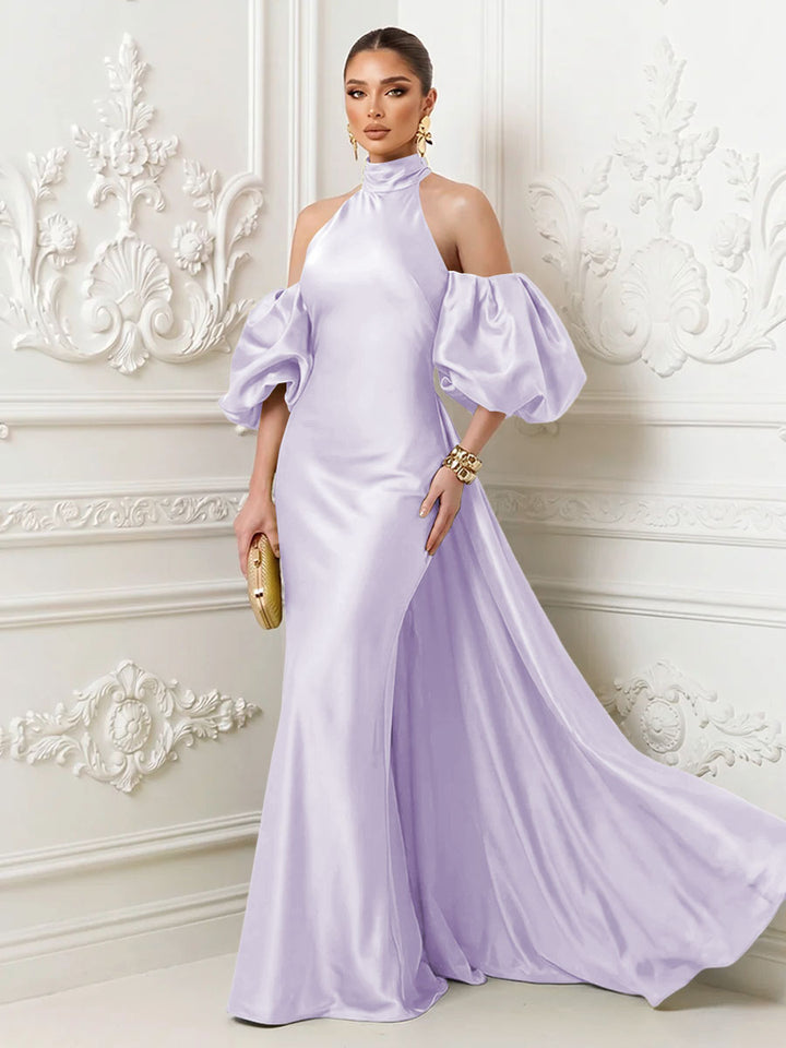Satin Sheath High Neck Corset Ruffles Evening Dresses