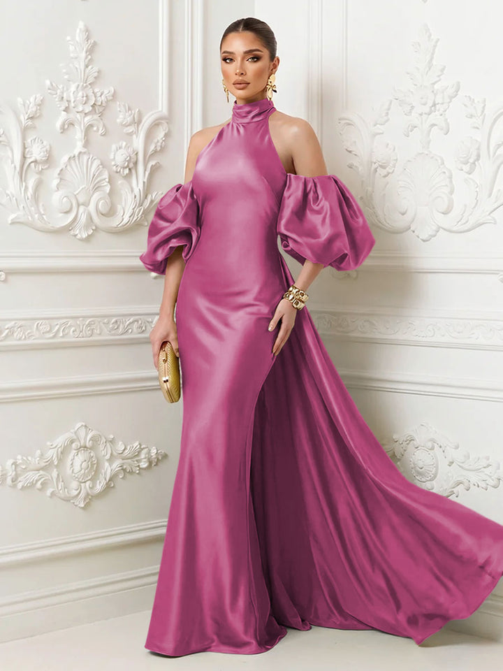 Satin Sheath High Neck Corset Ruffles Evening Dresses