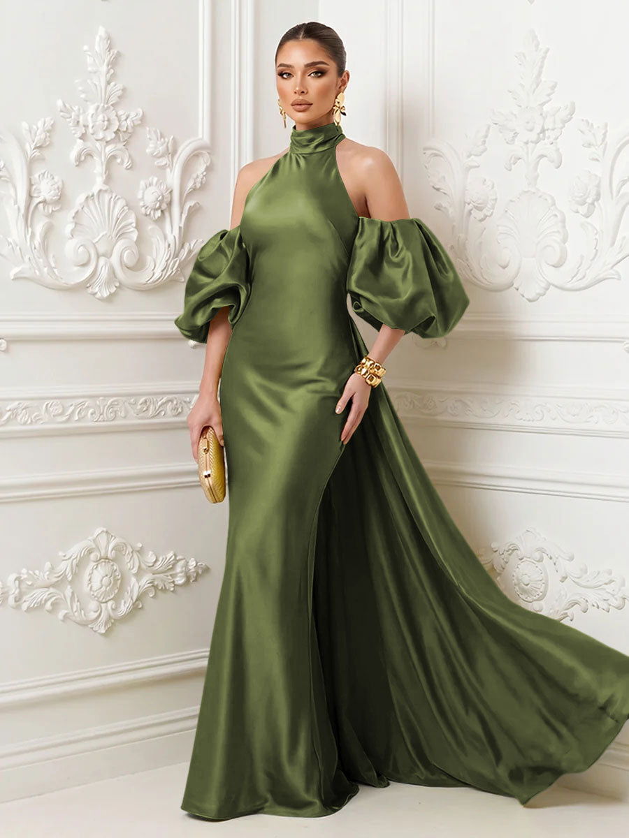 Satin Sheath High Neck Corset Ruffles Evening Dresses