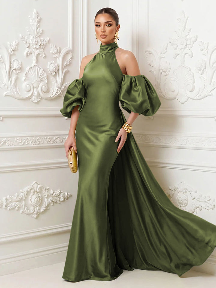 Satin Sheath High Neck Corset Ruffles Evening Dresses