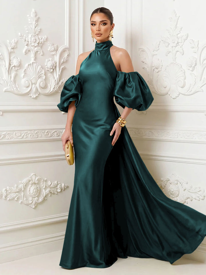 Satin Sheath High Neck Corset Ruffles Evening Dresses