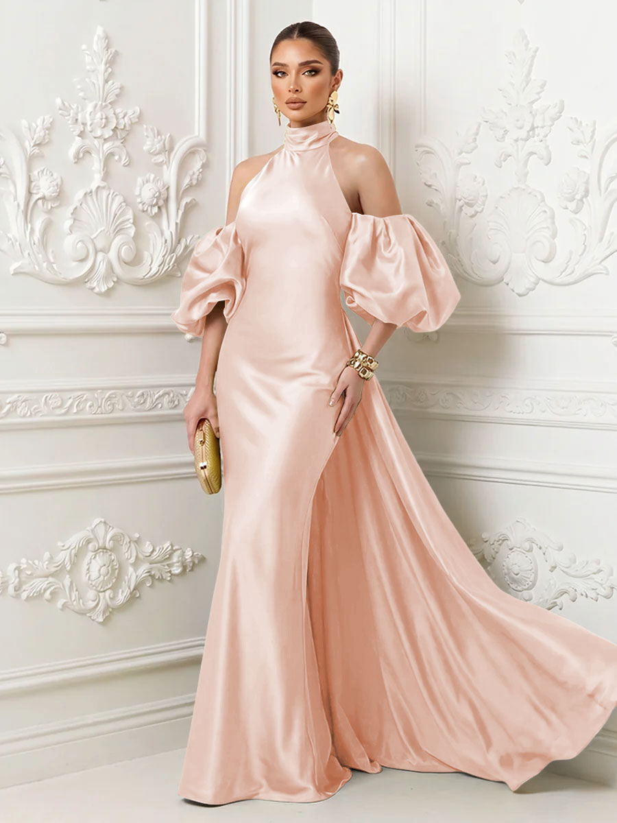 Satin Sheath High Neck Corset Ruffles Evening Dresses