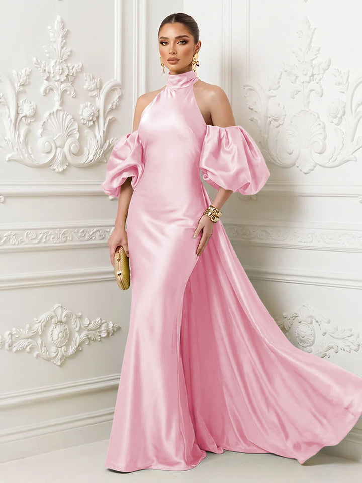 Satin Sheath High Neck Corset Ruffles Evening Dresses