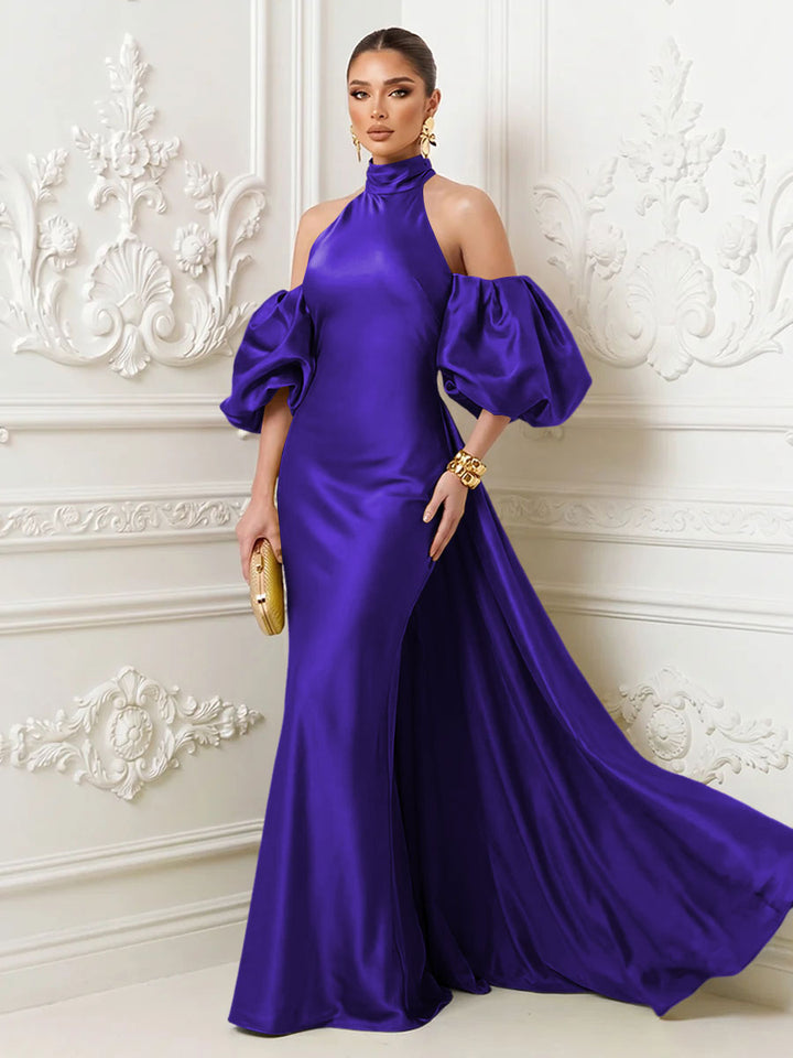 Satin Sheath High Neck Corset Ruffles Evening Dresses