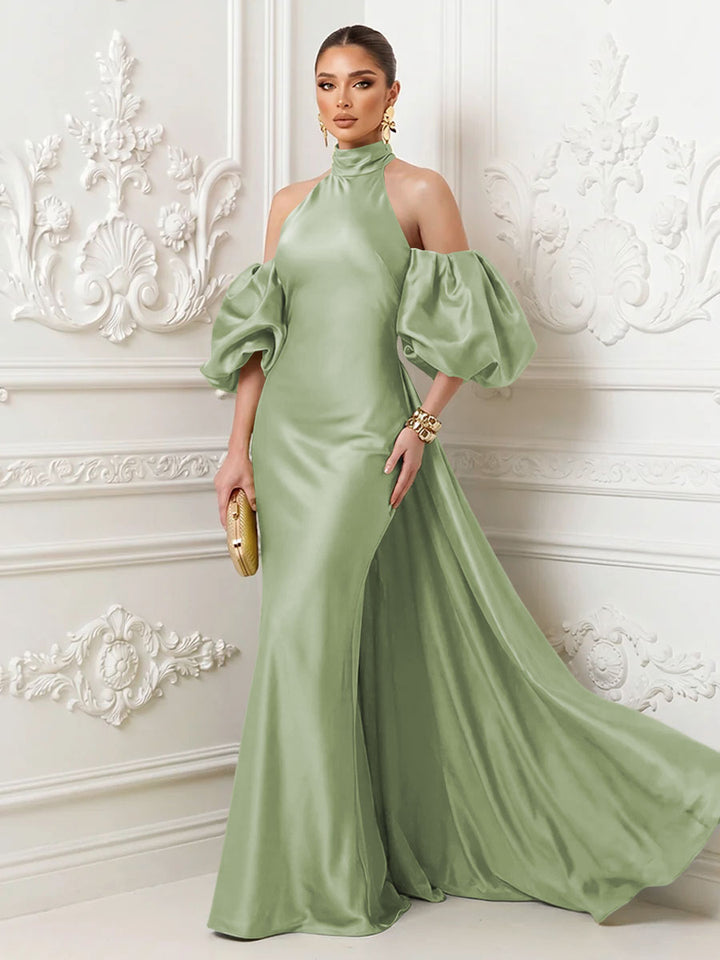 Satin Sheath High Neck Corset Ruffles Evening Dresses