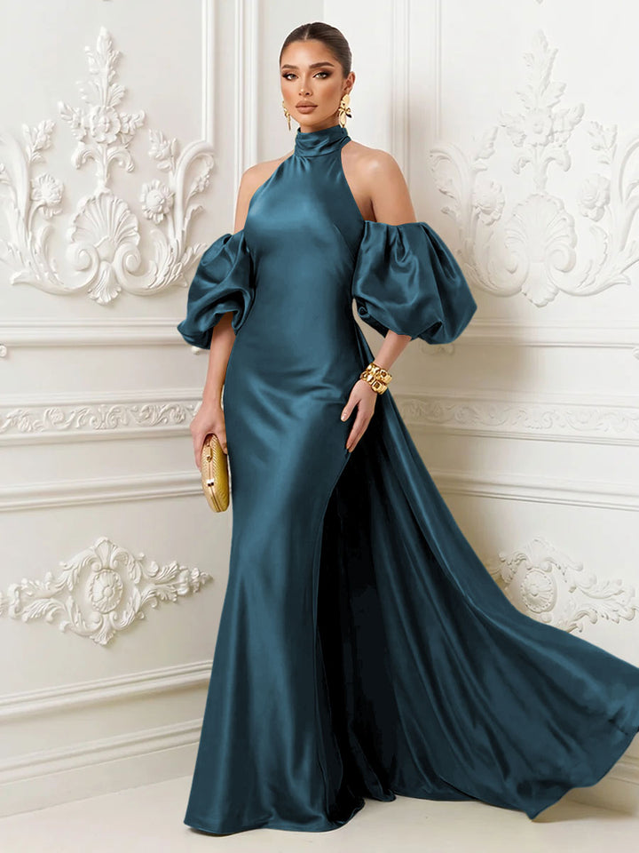 Satin Sheath High Neck Corset Ruffles Evening Dresses