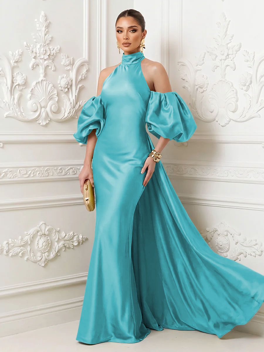 Satin Sheath High Neck Corset Ruffles Evening Dresses