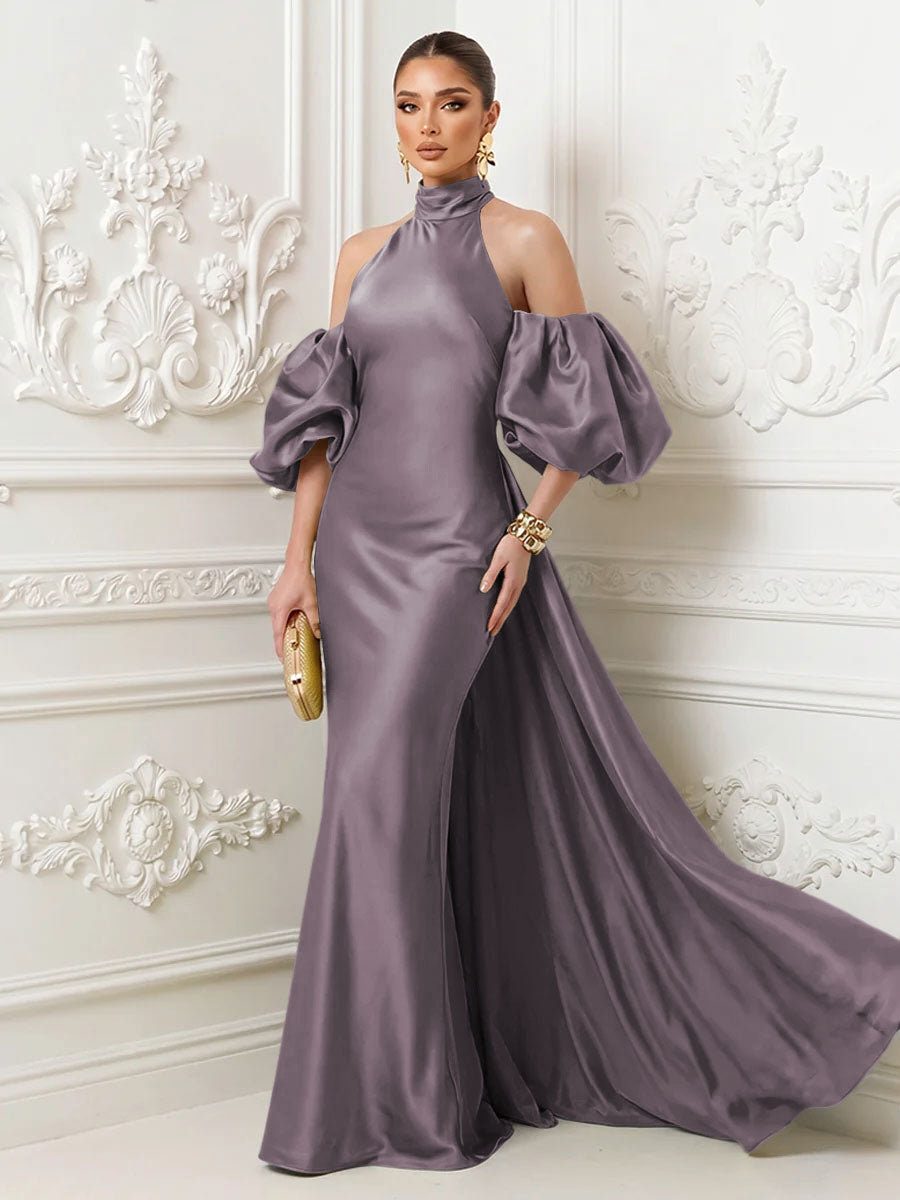Satin Sheath High Neck Corset Ruffles Evening Dresses