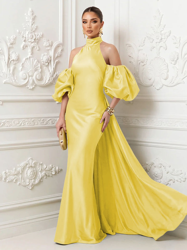 Satin Sheath High Neck Corset Ruffles Evening Dresses