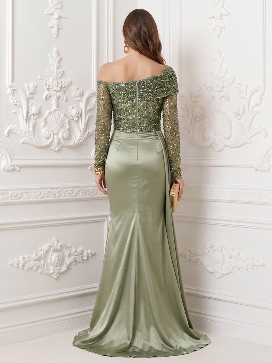 Satin Mermaid Off the Shoulder Sequin Ruffles Evening Dresses