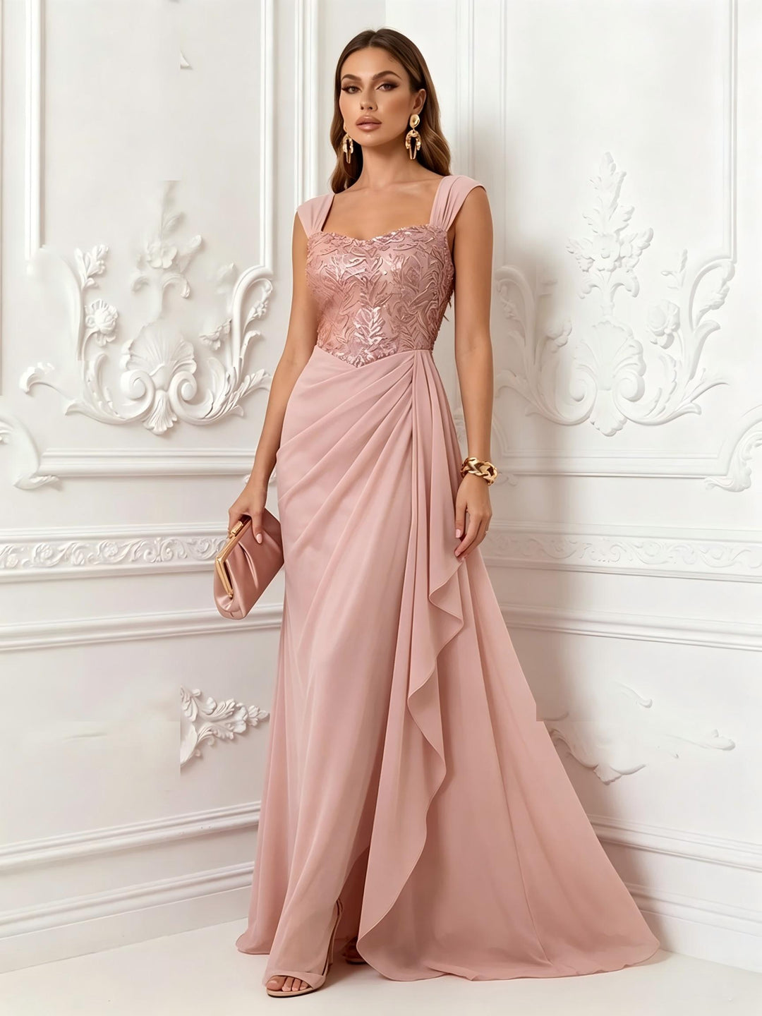 Satin Mermaid Square Neck Ruffles Ruched Evening Dresses