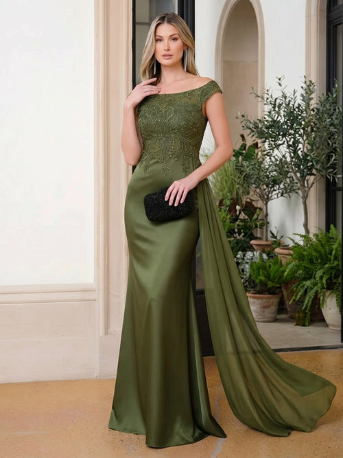 Satin Mermaid Scoop Neck Ruffles Lace Appliques Evening Dresses