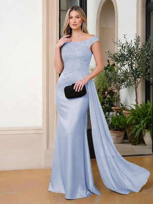 Satin Mermaid Scoop Neck Ruffles Lace Appliques Evening Dresses