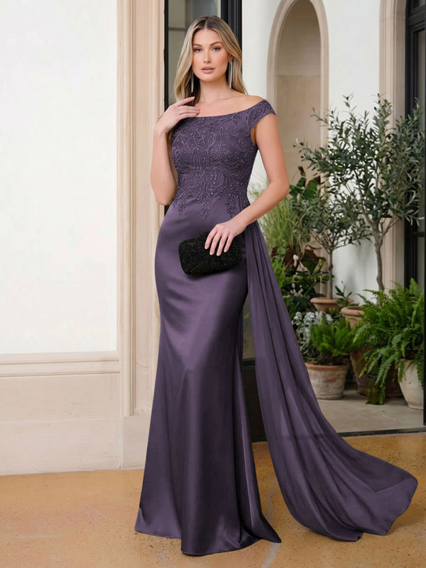 Satin Mermaid Scoop Neck Ruffles Lace Appliques Evening Dresses