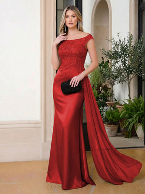 Satin Mermaid Scoop Neck Ruffles Lace Appliques Evening Dresses