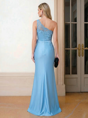 Satin Mermaid One Shoulder Lace Appliques Bow Evening Dresses