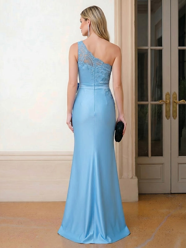 Satin Mermaid One Shoulder Lace Appliques Bow Evening Dresses