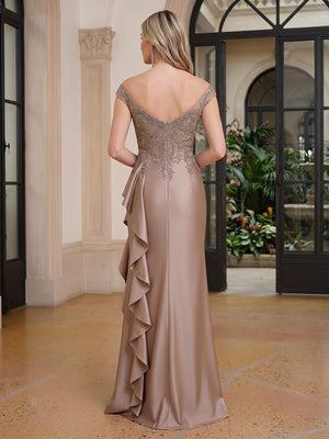 Satin Mermaid Scoop Neck Ruffles Lace Appliques Evening Dresses with Slit