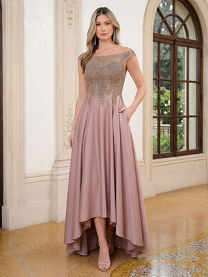 Satin A Line Scoop Neck Pleats Lace Appliques Evening Dresses with Pockets