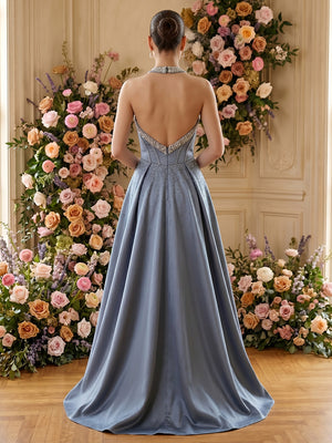 Satin A Line V Neck Pleats Ruched Evening Dresses