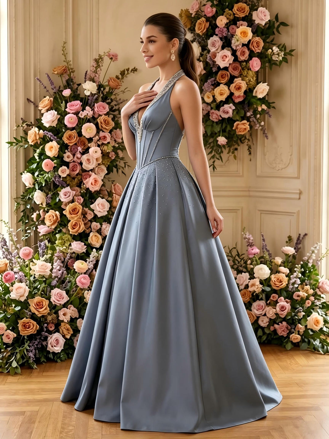 Satin A Line V Neck Pleats Ruched Evening Dresses