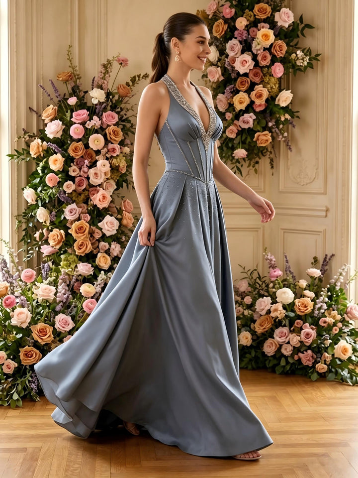 Satin A Line V Neck Pleats Ruched Evening Dresses
