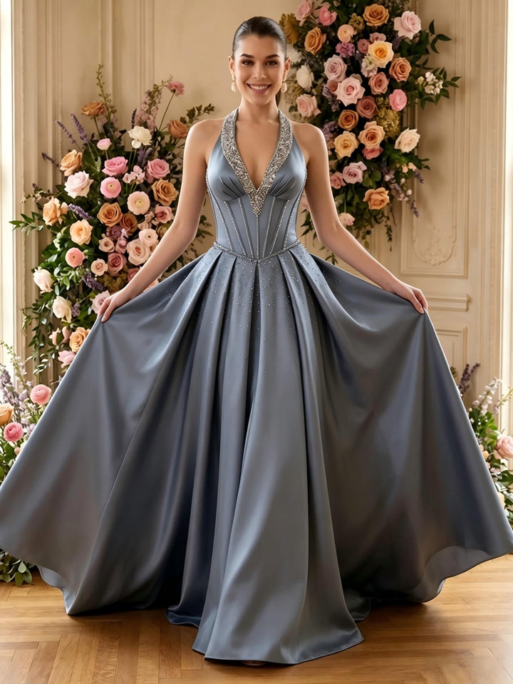 Satin A Line V Neck Pleats Ruched Evening Dresses