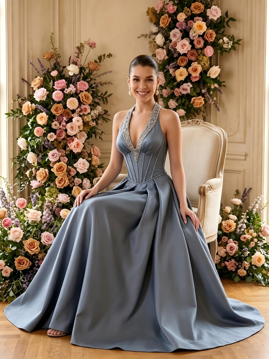 Satin A Line V Neck Pleats Ruched Evening Dresses