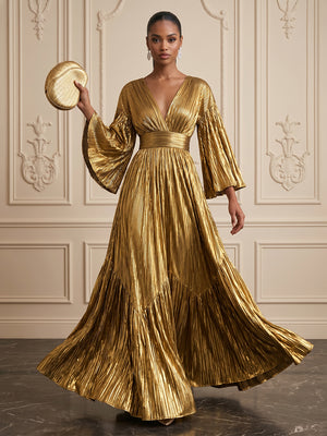 Metallic Satin A Line V Neck Ruched Glitter Evening Dresses